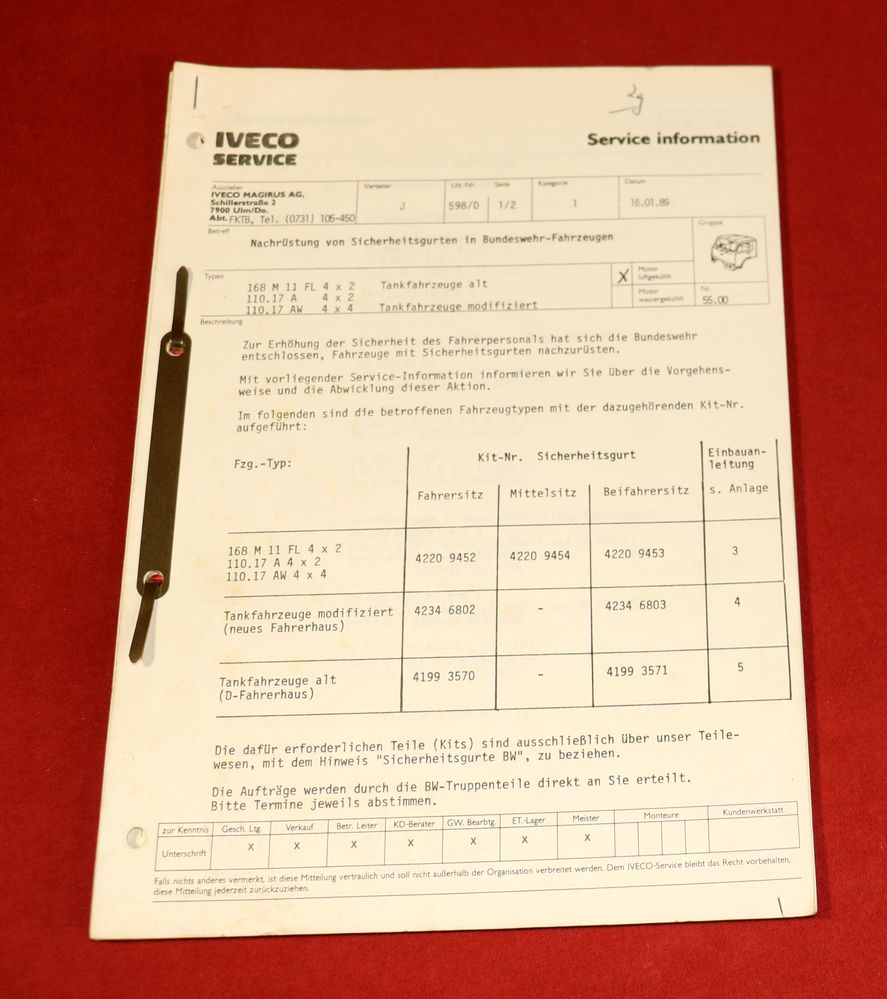 Iveco Service Info  , Nachrüsten von Sicherheitsgurten in BW Fahrzeugen  