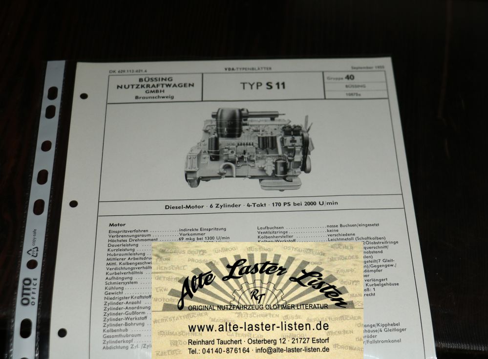 VDA Typenblatt Büssing Motor S 11 , 170 PS