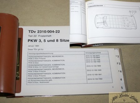 VW  Bus T2 , TDv  Teil 22 Fristenheft ,  PKW 3, 5 und 8 Sitze