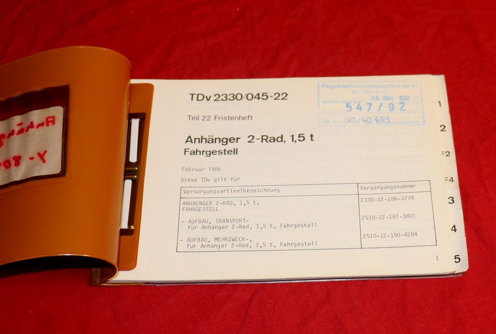 TDv Fristenheft , Anhänger 2-Rad 1,5 t  NEU