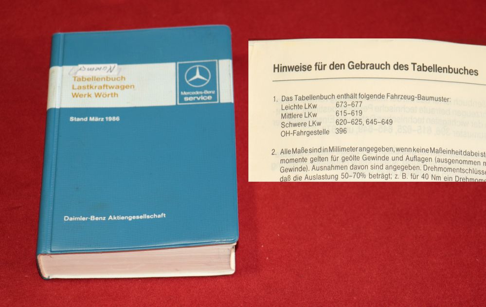 49803 Tabellenbuch LKW Mercedes Werk Wörth 1986