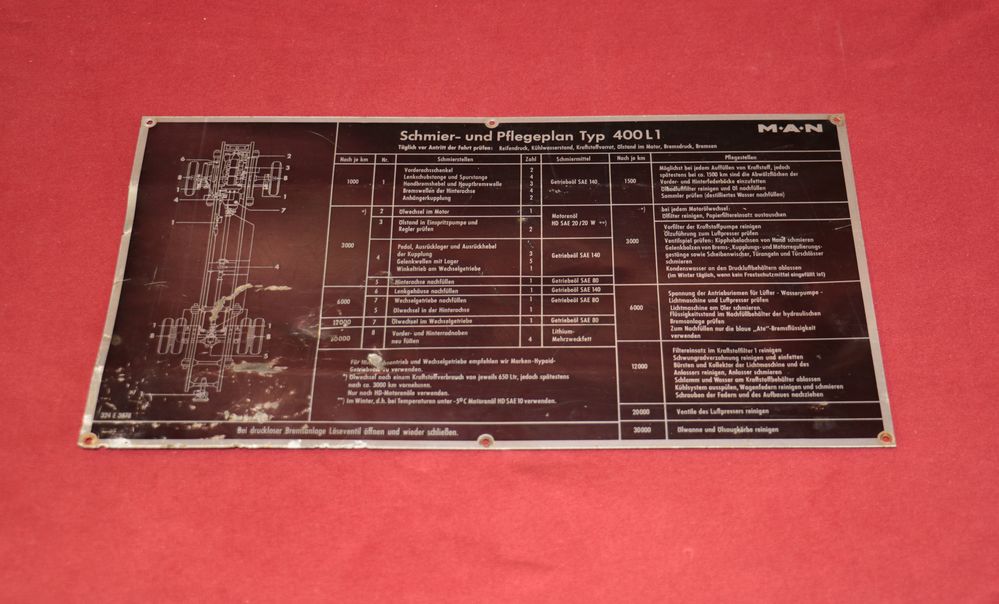 Schmierplan MAN 400 L1 , Wartungsplan , Blechtafel