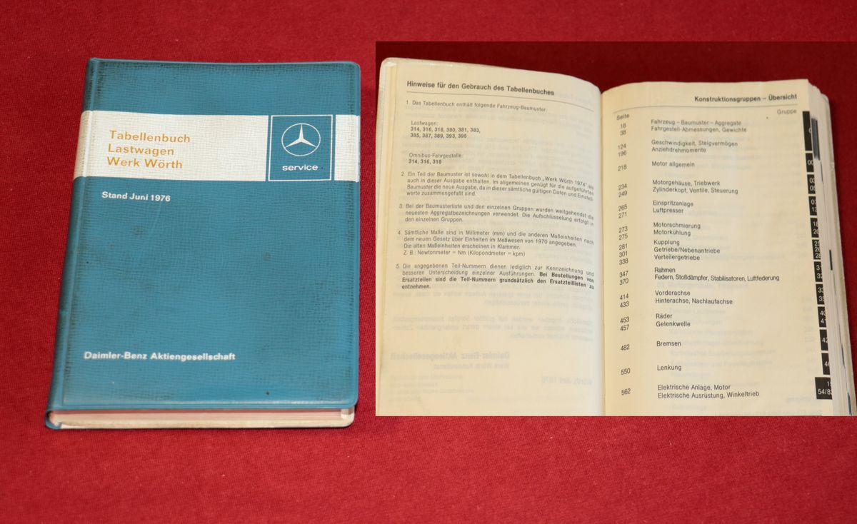 Tabellenbuch Mercedes  LKW Omnibus Wörth 1976 Bm.314-395 
